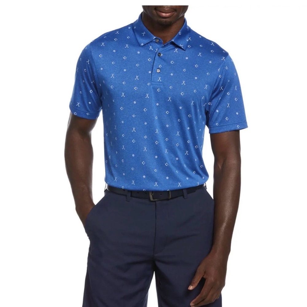 PGA Tour Mens Large Golf Polo Short Sleeve Blue  Athletic Blue Golf Club Print